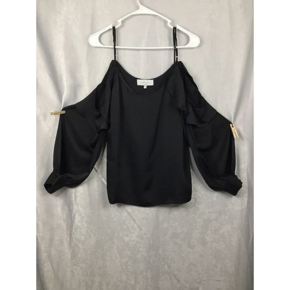 L`Academie Adjustable Spaghetti Strap Cold Shoulder Long Sleeve Blouse Black Siz - Picture 6 of 12